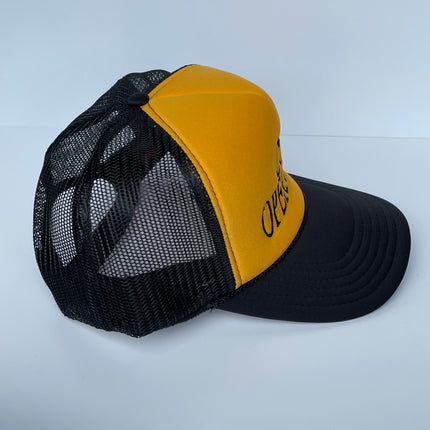 Coin Operated Black Mesh Yellow Crown Trucker Snapback Cap Hat Custom Embroidery