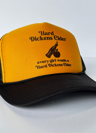 Hard Dickens Cider Funny Inappropriate Trucker Hat Yellow Foam Black Mesh SnapBack Cap Custom Printed