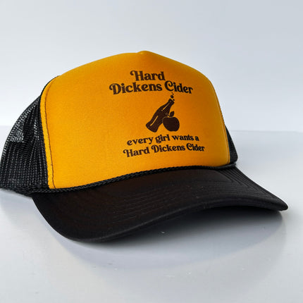 Hard Dickens Cider Funny Inappropriate Trucker Hat Yellow Foam Black Mesh SnapBack Cap Custom Printed