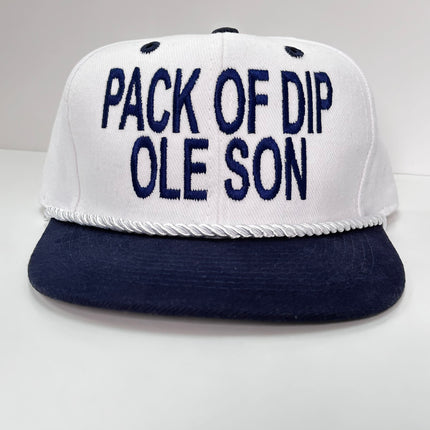 Pack of dip ole son on a white crown navy brim Strapback hat cap with white rope custom embroidery