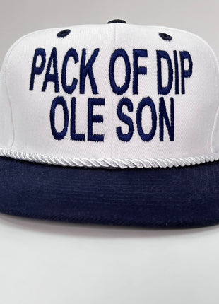 Pack of dip ole son on a white crown navy brim Strapback hat cap with white rope custom embroidery