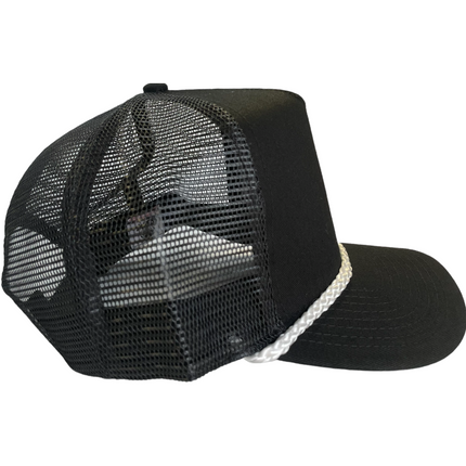 Vintage Black Slightly Curved Brim Mesh SnapBack Hat Cap With Rope