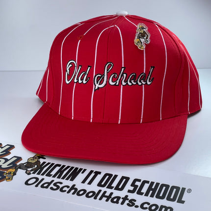 Old School Script Vintage Custom Embroidered Red White Pinstripe Snapback Cap Hat