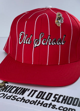 Old School Script Vintage Custom Embroidered Red White Pinstripe Snapback Cap Hat