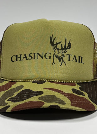 Chasing Tail Deer Hunting Green Camo Curve Bill Mesh Trucker SnapBack Cap Funny Hunting Hat Custom Printed