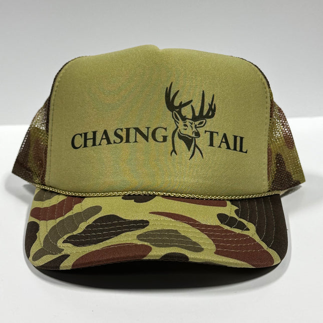 Chasing Tail Deer Hunting Green Camo Curve Bill Mesh Trucker SnapBack Cap Funny Hunting Hat Custom Printed
