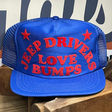 Vintage JEEP DRIVERS LOVE BUMPS Blue Mesh Snapback Trucker Cap Hat ( See all photos)