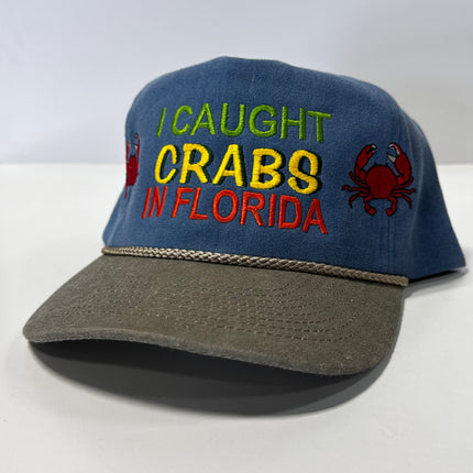 I Caught Crabs in Florida Blue crown khaki brim with Rope SnapBack Hat Cap Custom Embroidery