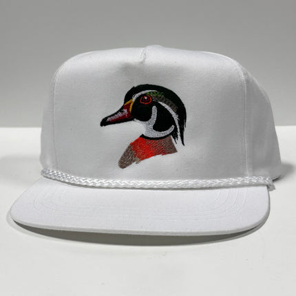 Wood Duck on a White SnapBack Hat Cap with Rope Custom Embroidery