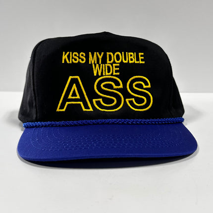 Kiss My Double Wide Ass on a Vintage Blue Crown Blue Brim SnapBack Hat Cap with Rope Custom Embroidery