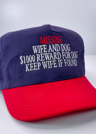 MISSING WIFE AND DOG Vintage Strapback Cap Hat Funny Embroidered