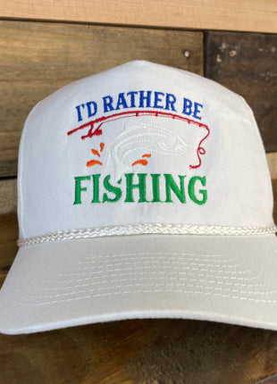 I’d Rather Be Fishing glow in the dark fish Vintage Curve Brim Rope Snapback White Cap Hat Custom Embroidered