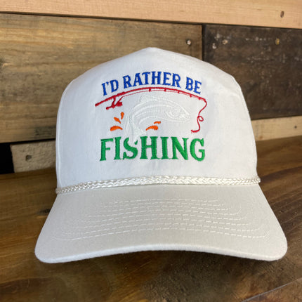 I’d Rather Be Fishing glow in the dark fish Vintage Curve Brim Rope Snapback White Cap Hat Custom Embroidered