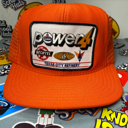 Custom Power 4 Texas City Refinery Amoco Vintage Orange Trucker Mesh Snapback Hat Cap