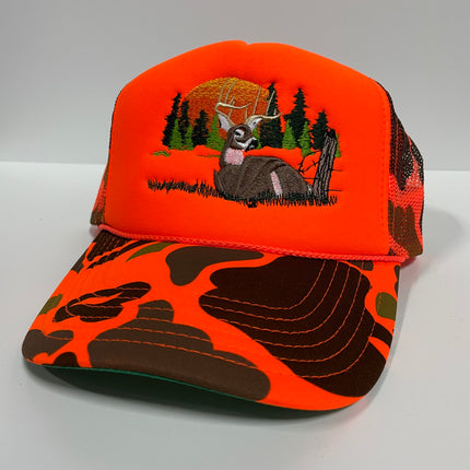 Deer Hunting Season Orange Camo Mesh Trucker Snapback Cap Hat Custom Embroidered