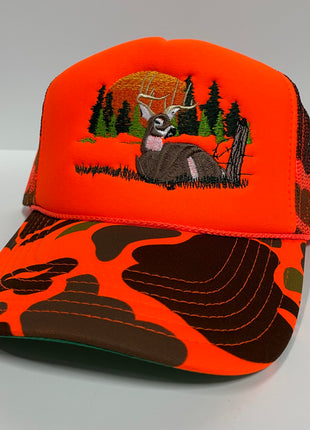 Deer Hunting Season Orange Camo Mesh Trucker Snapback Cap Hat Custom Embroidered