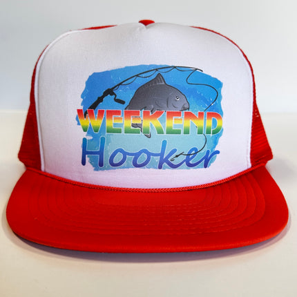 Weekend Hooker on a vintage orange mesh Trucker Snapback Hat Cap Funny Fishing Custom Printed