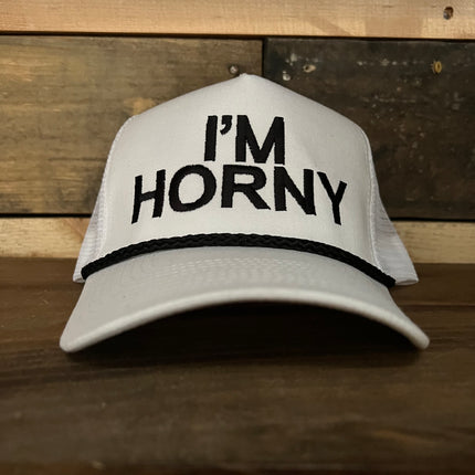 I’m Horny Vintage White Mesh SnapBack Hat Cap with rope Custom Embroidery
