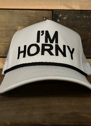 I’m Horny Vintage White Mesh SnapBack Hat Cap with rope Custom Embroidery