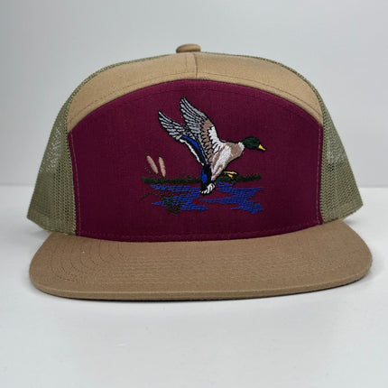 Mallard DuckTan Maroon Seven Panel Snapback Cap Hat Custom Embroidered