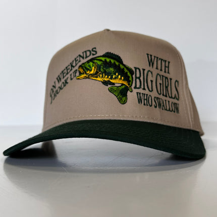 ON WEEKENDS I HOOK UP WITH BIG GIRLS WHO SWALLOW Funny Bass Fishing SnapBack Green Brim Mid Crown Hat Cap Custom Embroidered