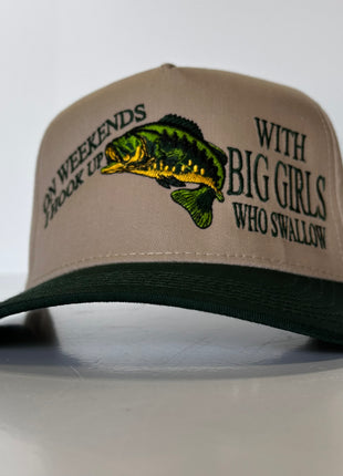 ON WEEKENDS I HOOK UP WITH BIG GIRLS WHO SWALLOW Funny Bass Fishing SnapBack Green Brim Mid Crown Hat Cap Custom Embroidered