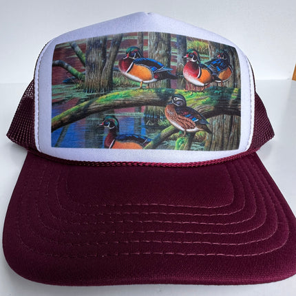 Wood ducks Outdoor Scenery Maroon Mesh SnapBack Cap Hat Custom Printed