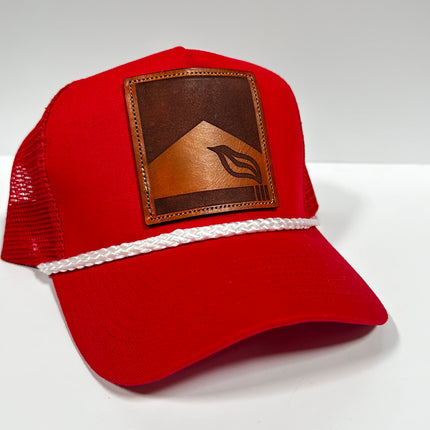 Smoke it up Leather Head Custom Cigarette Smoker genuine Leather Patch sewn on a Red Mesh Trucker SnapBack Hat Cap with rope